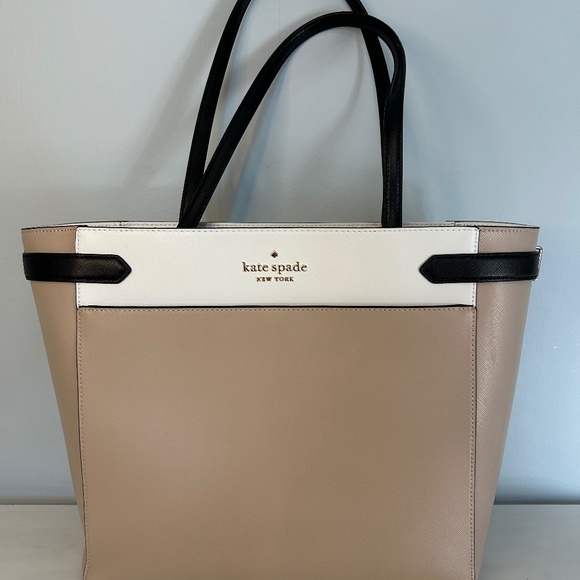 EUC Kate Spade | Large Leather Staci Tote bag | Colorblock Tan & White - Picture 1 of 9